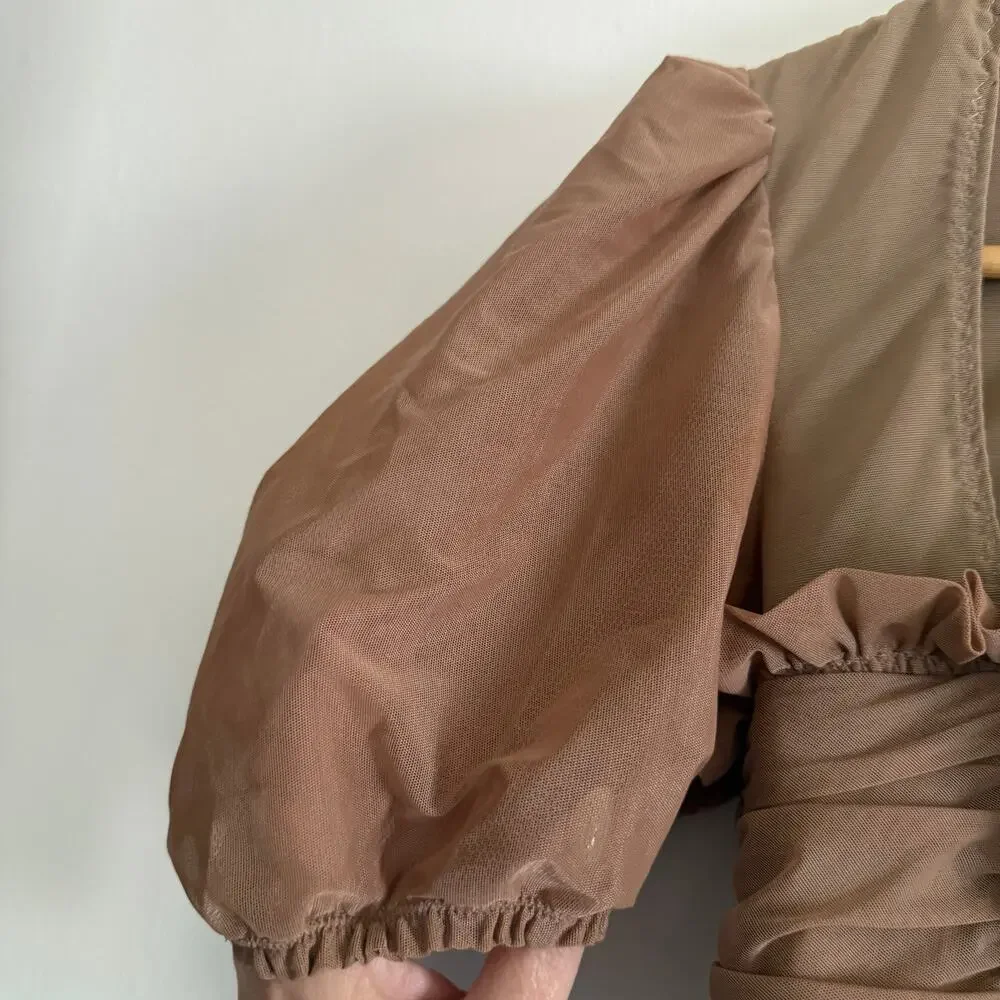HOUSE OF CB | Norah Light Brown Ruched Puff Sleeve Mesh Corset Top | Medium